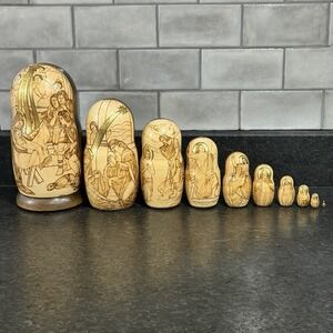 Jesus Nativity to Death Russian Nesting Dolls Wood‎ Burned Hand Painted Signed